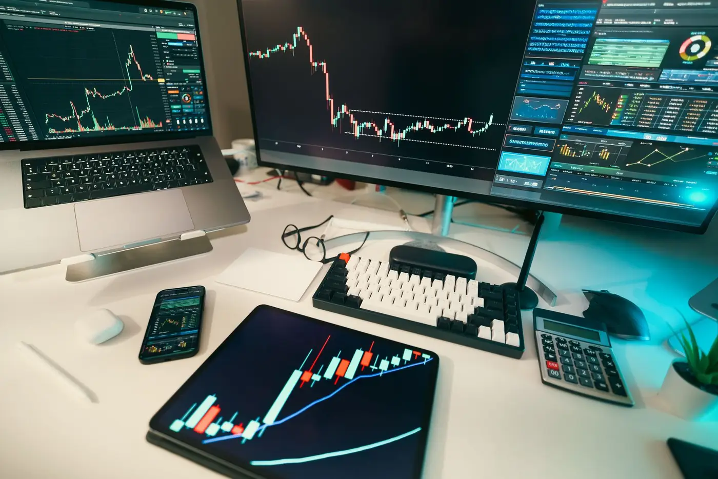 Trading desk with candlestick charts across a monitor, laptop and tablet